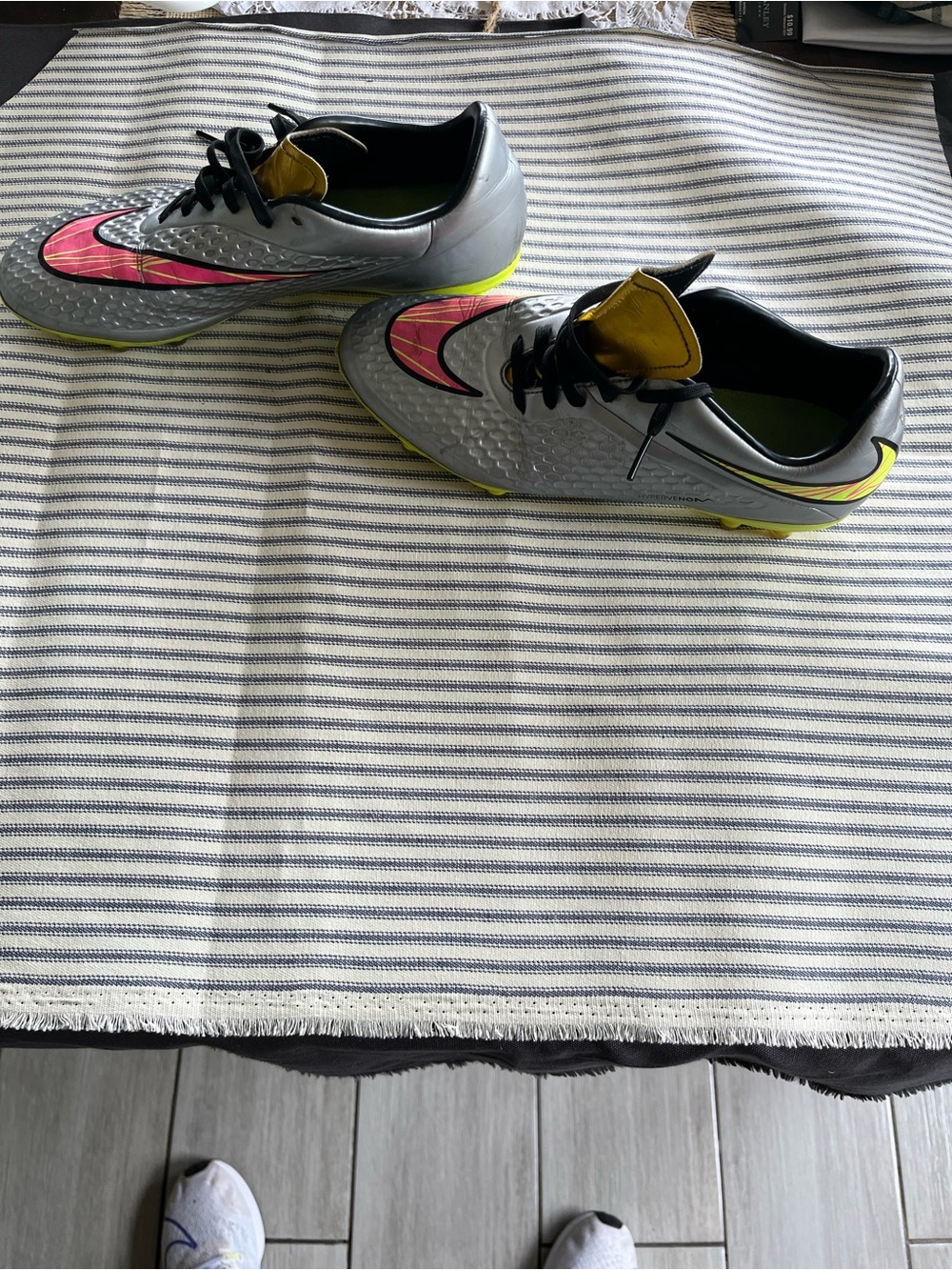 Nike Silver Athletic Soccer Cleats with Pink and Neon Yellow Accents